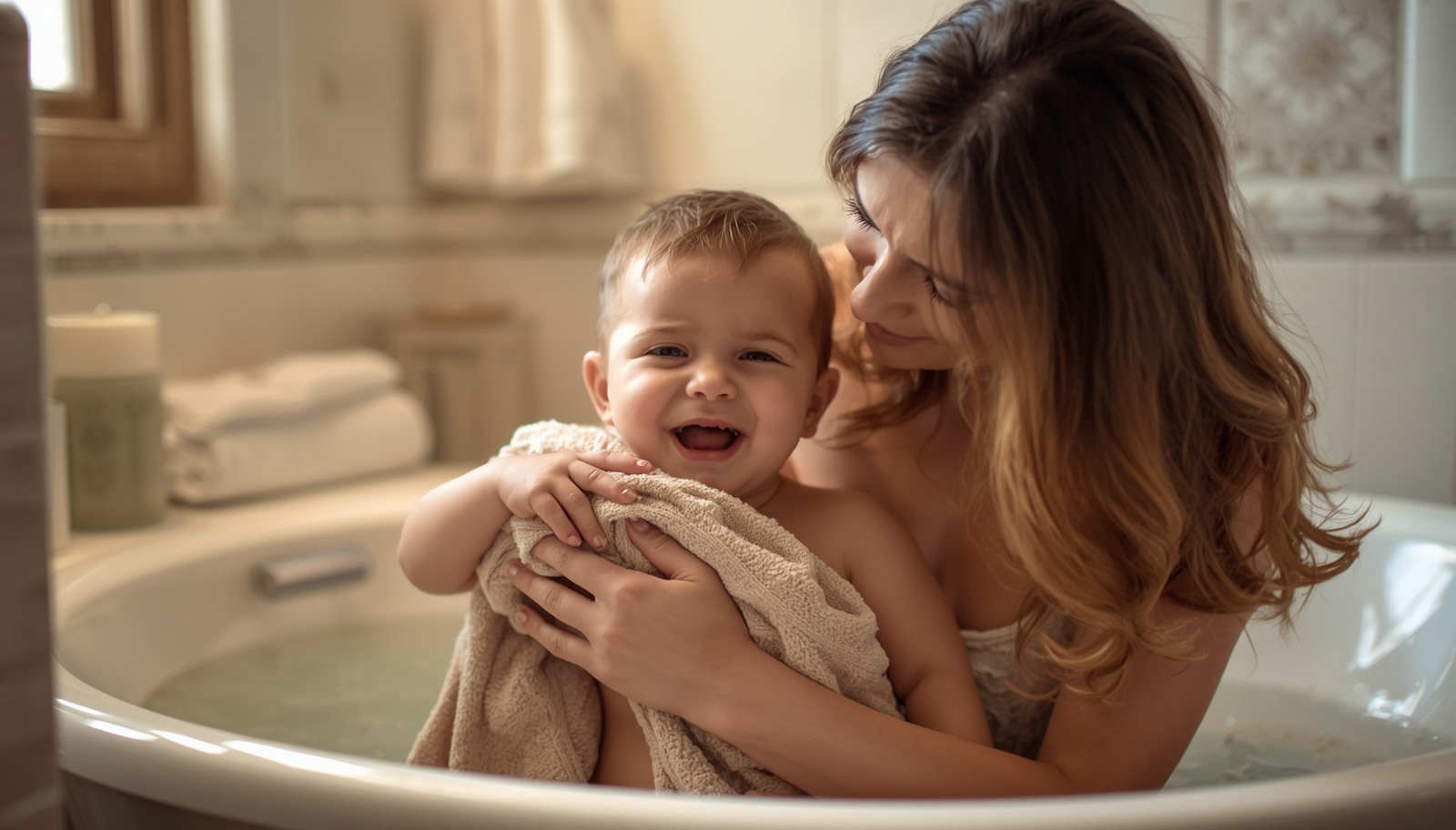 Mom comforting crying Texas toddler with 25-second ASMR bath therapy using warm towel