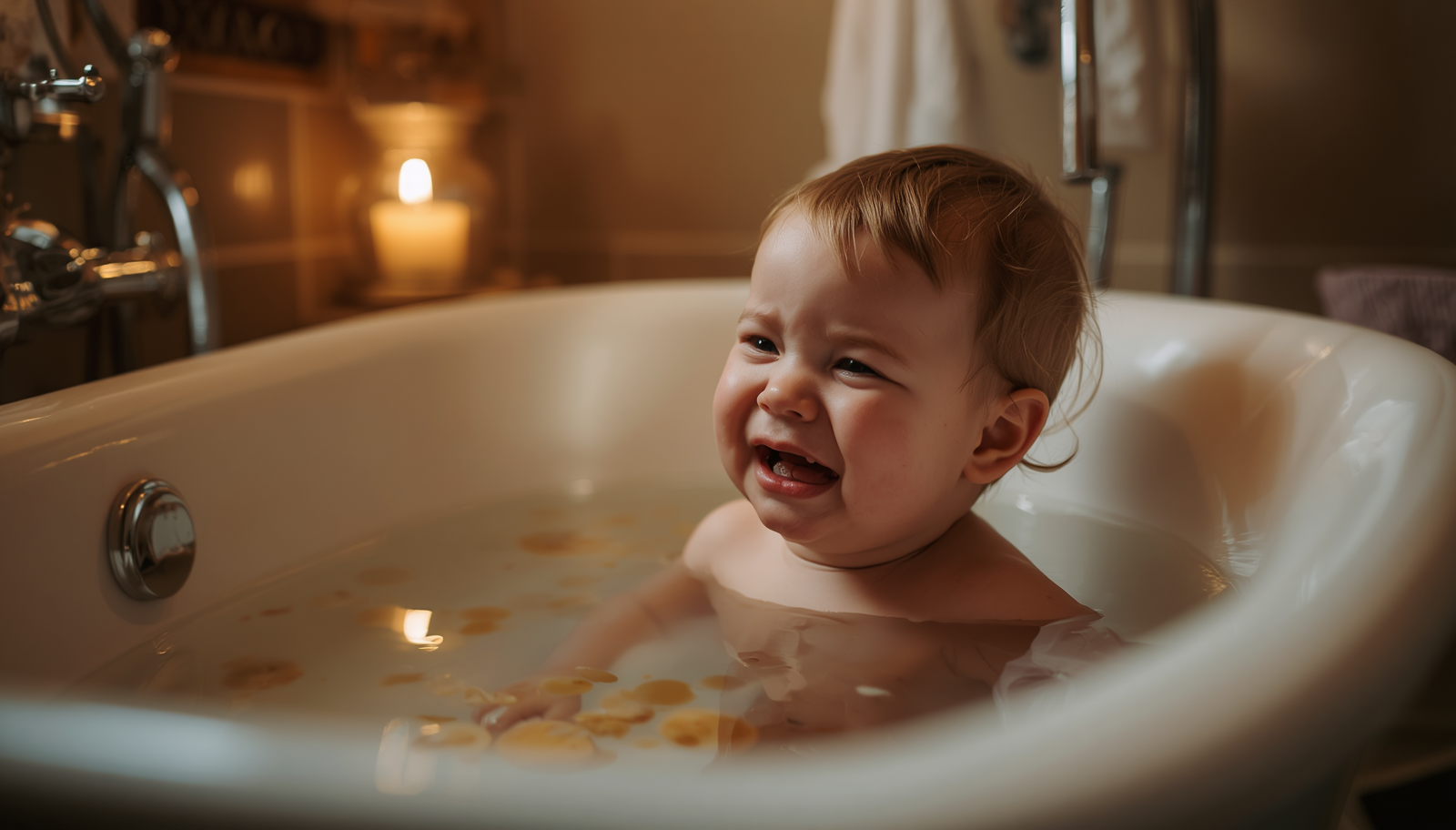 Mom giving warm water bath therapy to calm crying Texas toddler in home bathtub