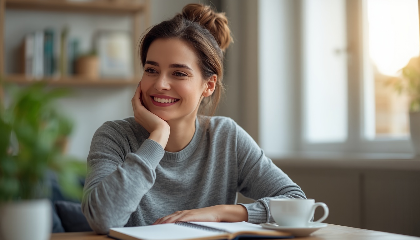 Adult woman on video call with warm smile for online therapy and emotional support