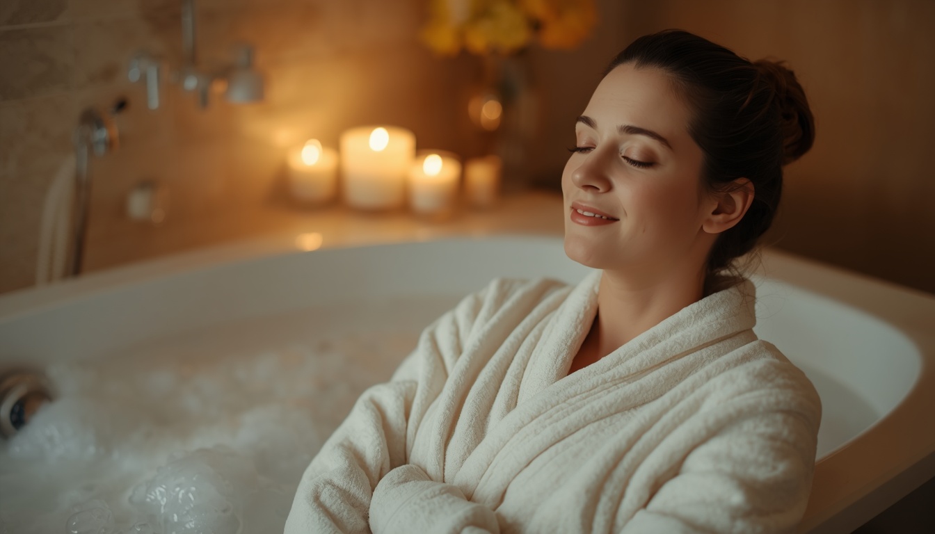 Adult woman relaxing in bathrobe near bathtub for spa self-care therapy session