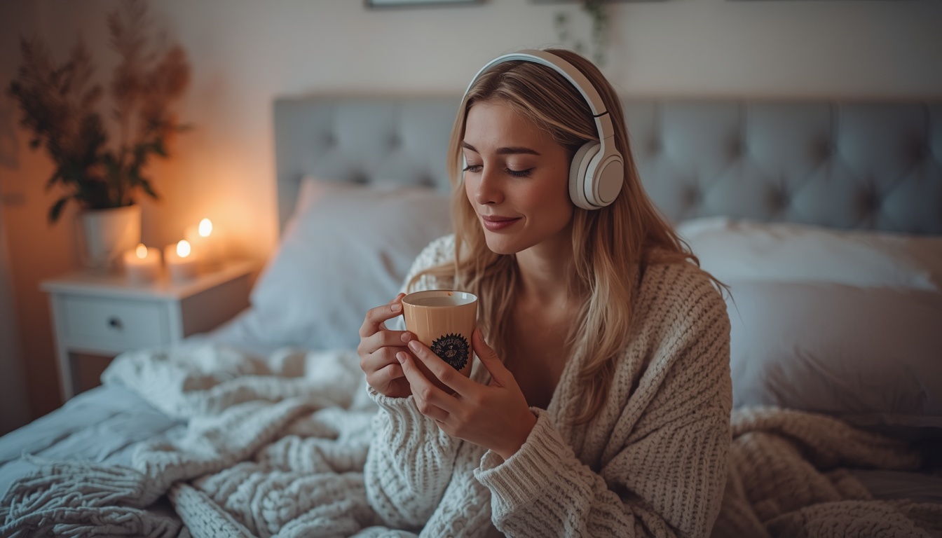 Adult woman with headphones doing self-care in cozy bedroom for mom therapy